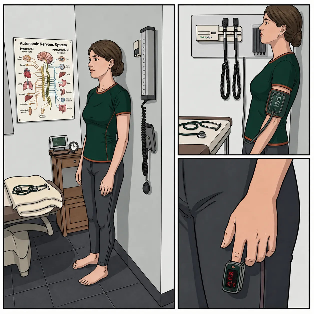 Three illustrated panels: a woman standing against a wall in a clinic room, a blood pressure cuff on her bare upper arm at heart level, and a pulse oximeter on the index finger of her opposite hand